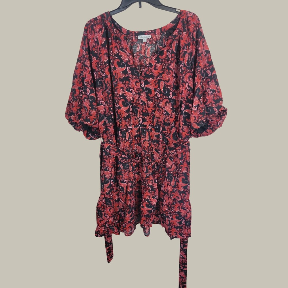 Ophelia Roe Tunic Top Boho Paisley Balloon Sleeve Peasant Blouse Red Black 3X